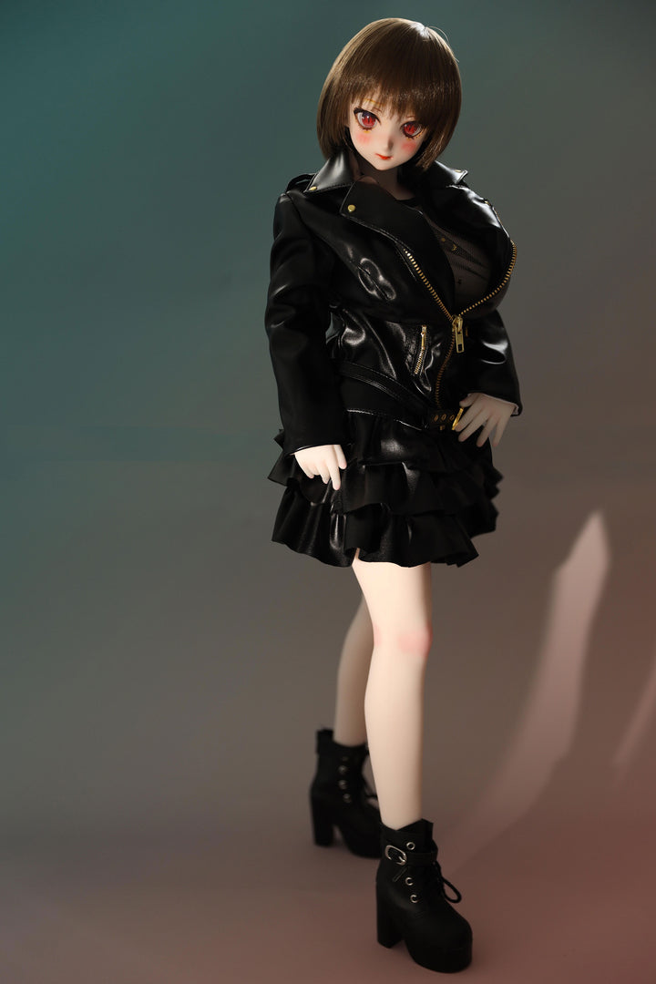 CLIMAX DOLL Mini J60cm P Hybrid - Zella (White) - Full-body standing pose in the black ruffled jacket-dress with gold zipper and black boots, arms relaxed at her sides, teal-green gradient backdrop.