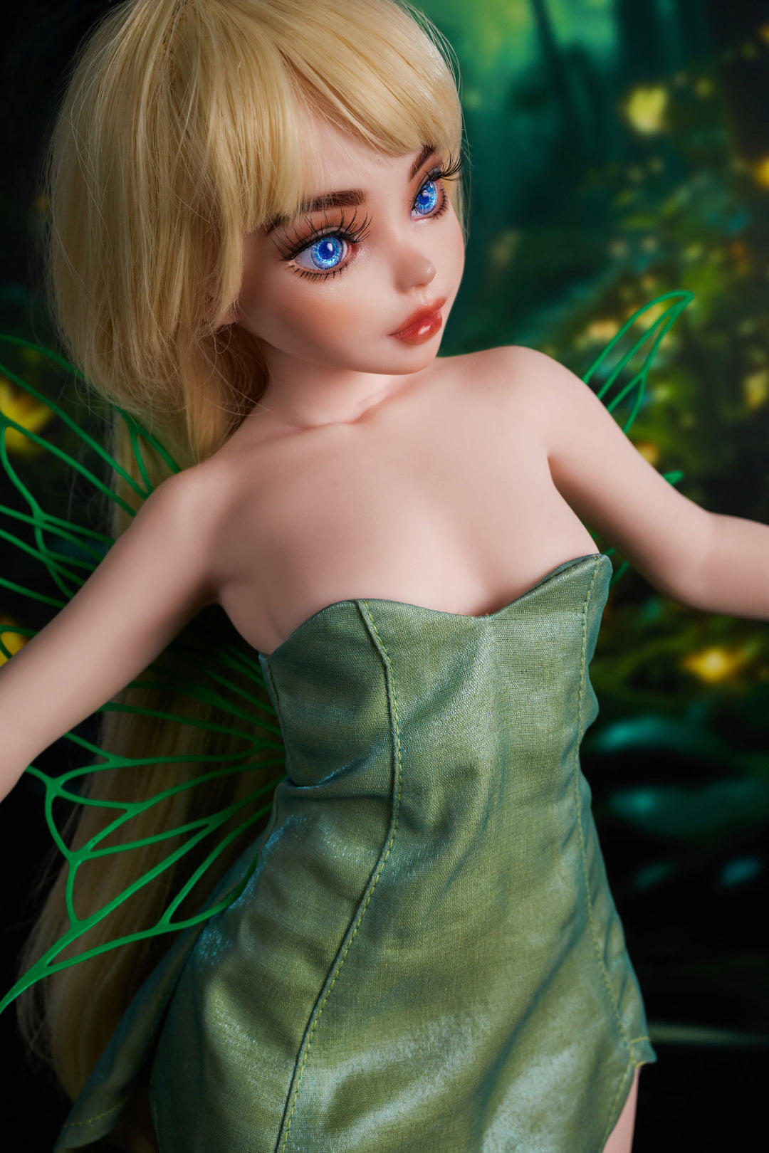 CLIMAX DOLL Mini Si60 cm XS Silicone - Holly (Cinnamon) close-up upper body shot in green strapless mini dress with fairy wing accessory, short blonde hair, enchanted forest background
