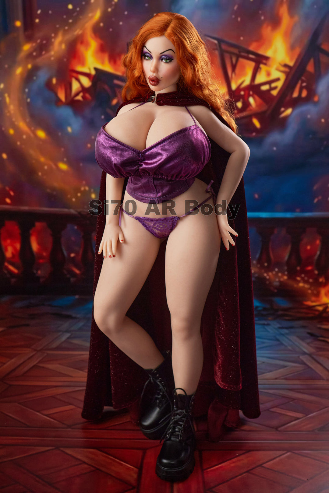 CLIMAX DOLL Mini Si70cm AR Silicone - Diana (Natural) standing in a purple bra and heeled boots, full curvy silhouette