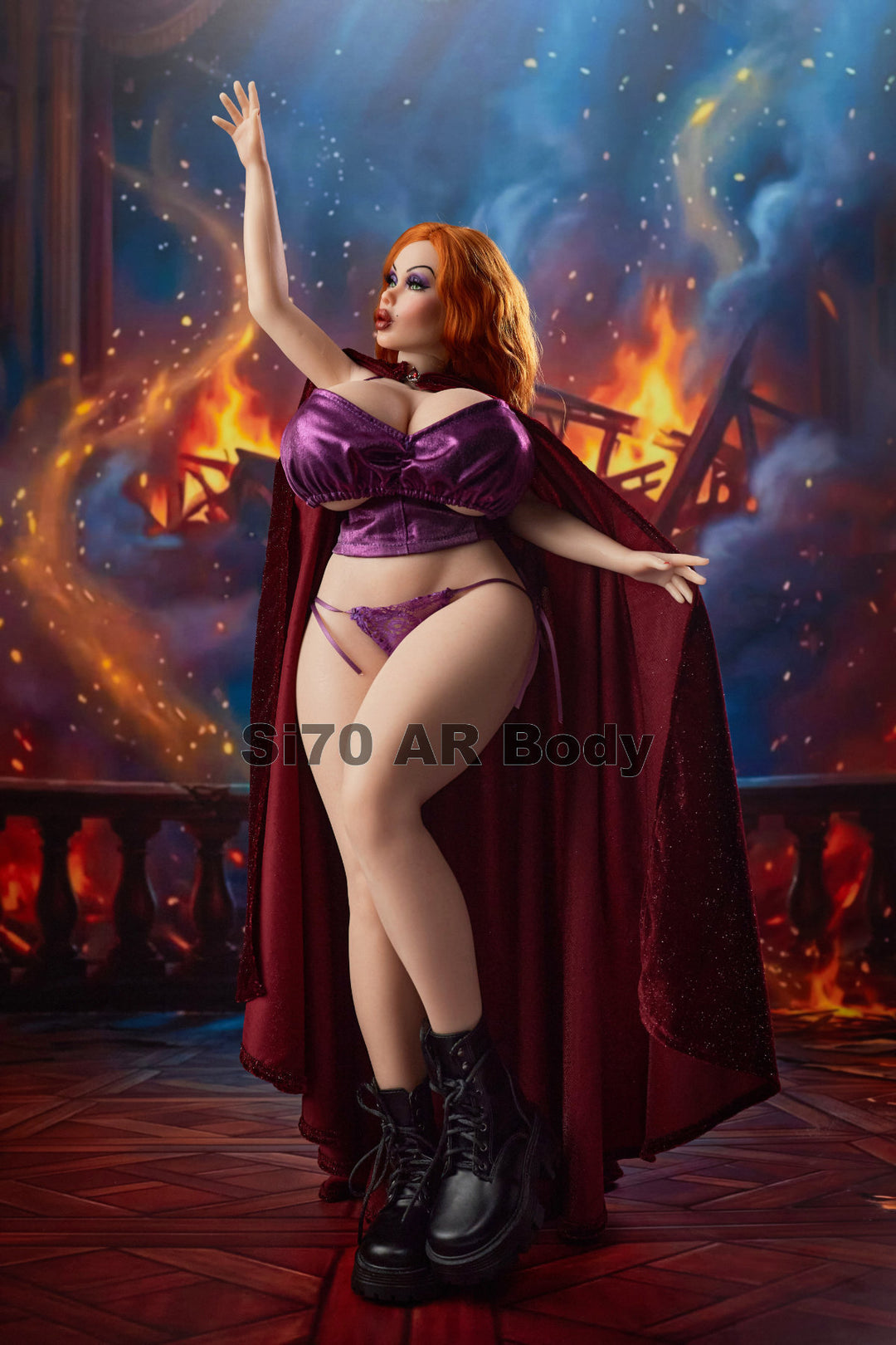 CLIMAX DOLL Mini Si70cm AR Silicone - Diana (Natural) side profile in a purple satin cape dress and boots, fiery studio background