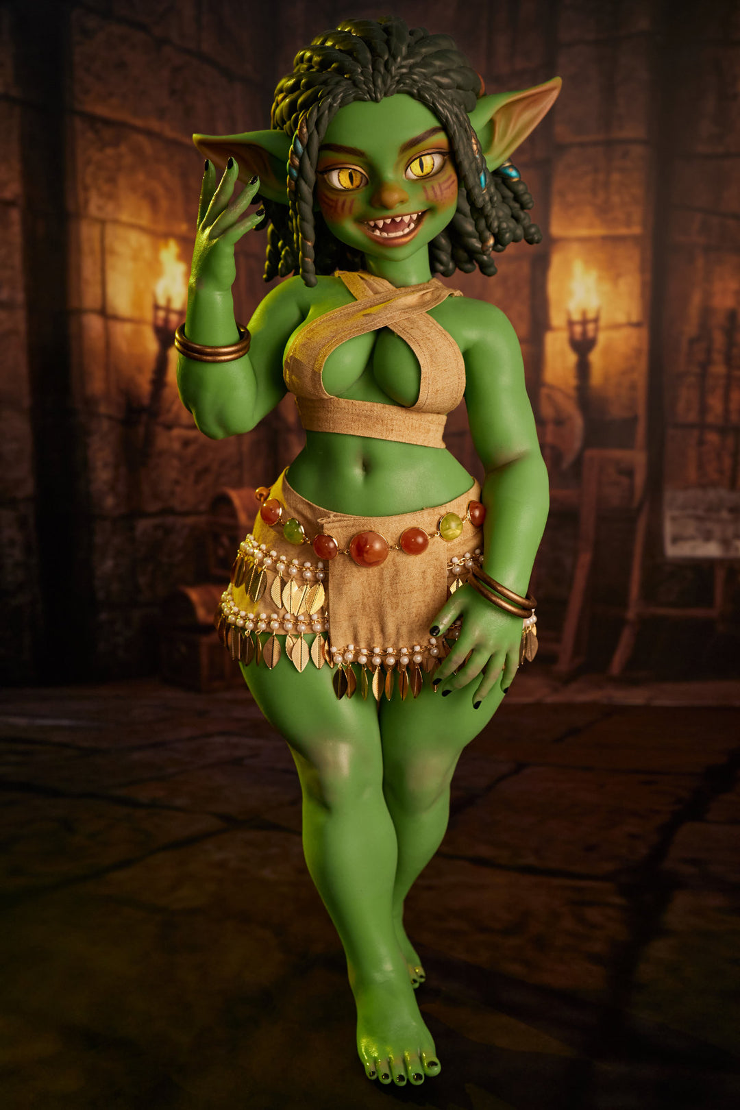 CLIMAX DOLL Mini Si70cm AT Silicone - Kaela (Green) full body standing pose in pink tribal bra top and skirt, braided dark hair with beads, warm tavern background
