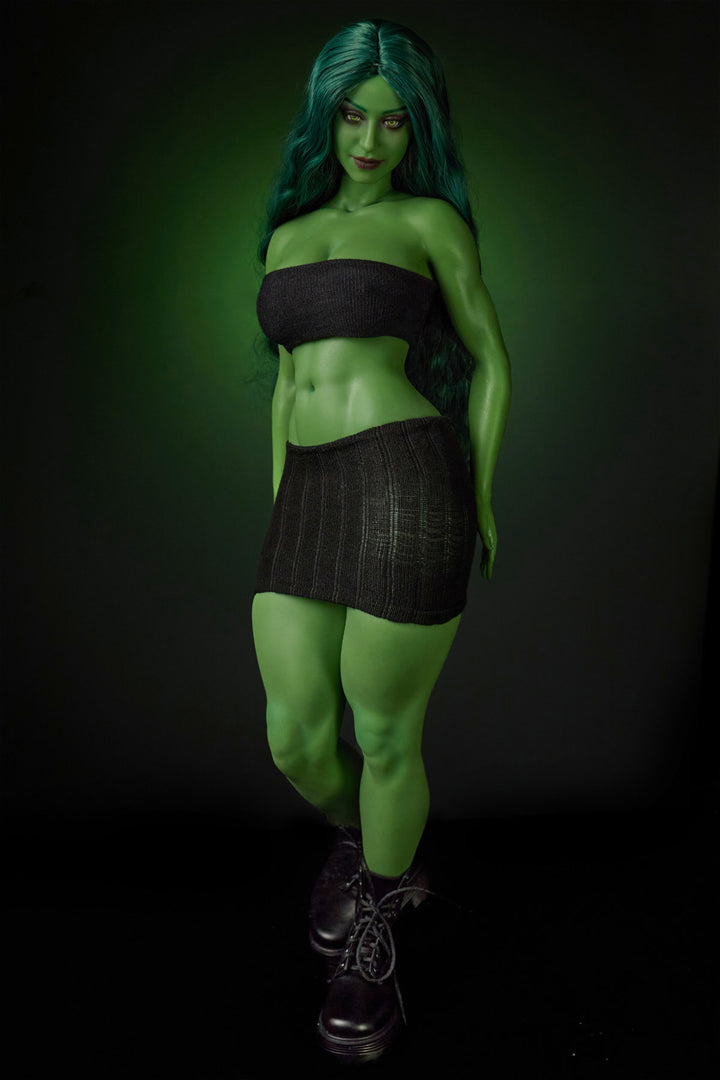 CLIMAX DOLL Mini Si70cm KA Silicone - Renee (Green) upper body side view in black crop top, long green hair, dark green studio background