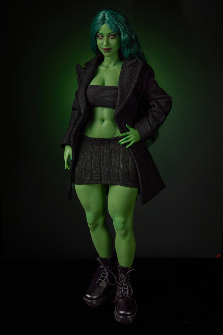 CLIMAX DOLL Mini Si70cm KA Silicone - Renee (Green) rear view in black crop top and mini skirt, long green hair, dark green studio background