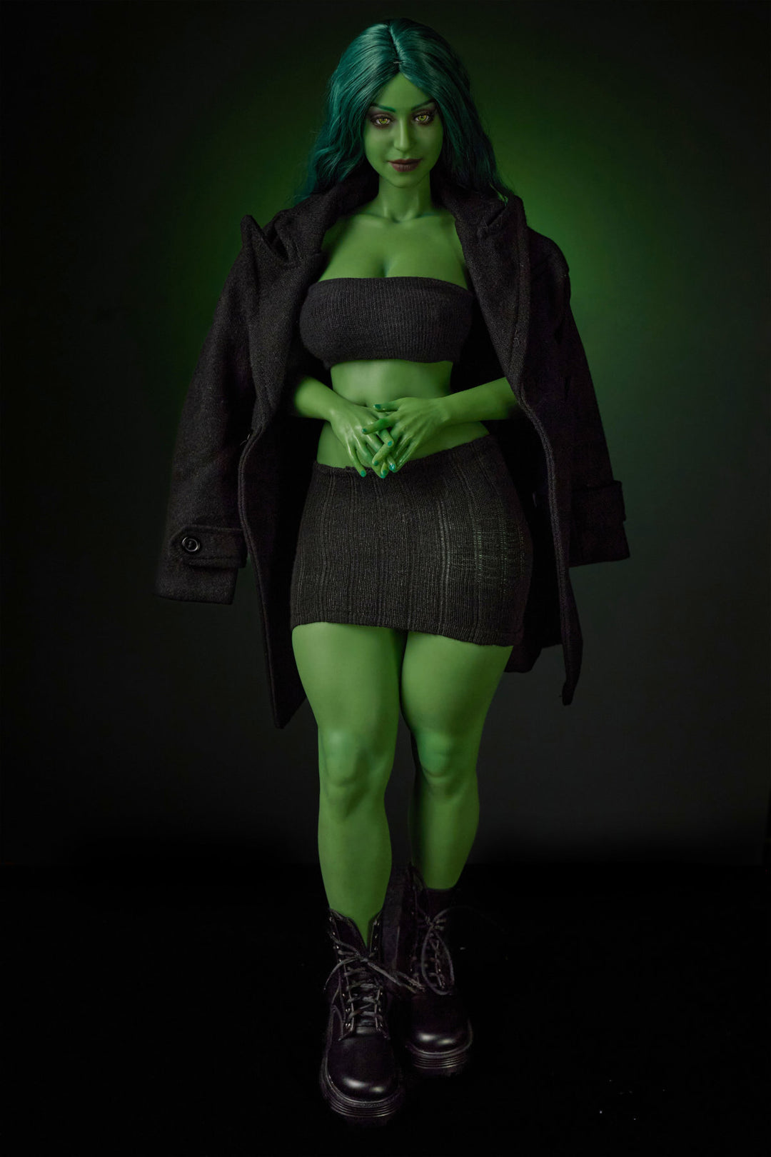 CLIMAX DOLL Mini Si70cm KA Silicone - Renee (Green) full body standing pose in black crop top and mini skirt, long green hair, dark green studio background