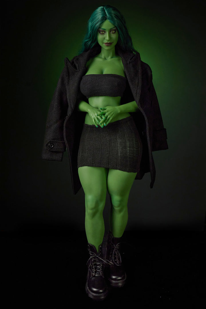 CLIMAX DOLL Mini Si70cm KA Silicone - Renee (Green) full body standing pose in black crop top and mini skirt, long green hair, dark green studio background
