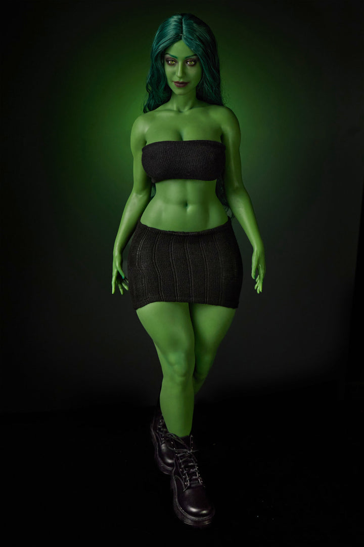 CLIMAX DOLL Mini Si70cm KA Silicone - Renee (Green) upper body nude close-up, long green hair, dark green studio background