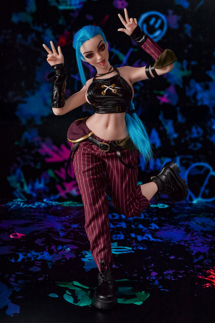 CLIMAX DOLL Mini Si70cm MO Silicone - Jetta (Cinnamon) full body standing pose in black crop top and red plaid pants, blue hair, dark bokeh background
