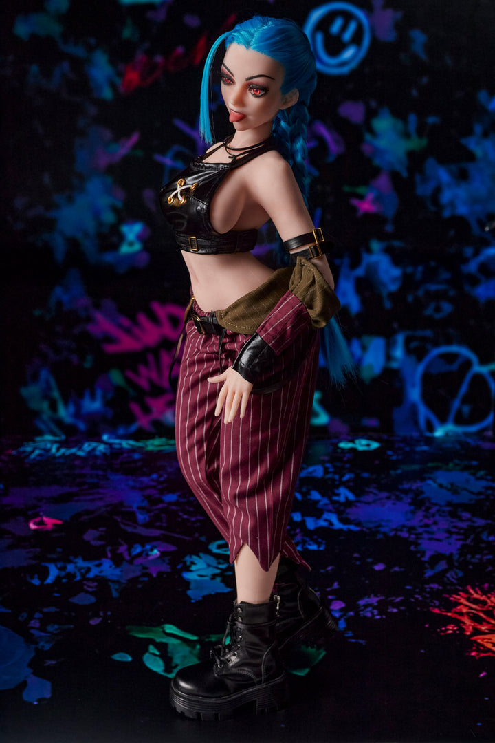 CLIMAX DOLL Mini Si70cm MO Silicone - Jetta (Cinnamon) upper body side angle in black crop top, blue hair, dark bokeh background

