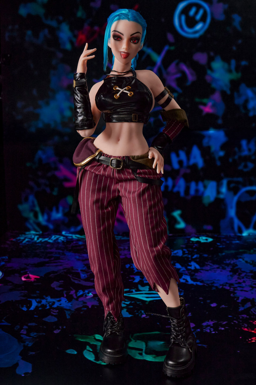 CLIMAX DOLL Mini Si70cm MO Silicone - Jetta (Cinnamon) full body rear view in black crop top and red plaid pants, blue hair, dark bokeh background
