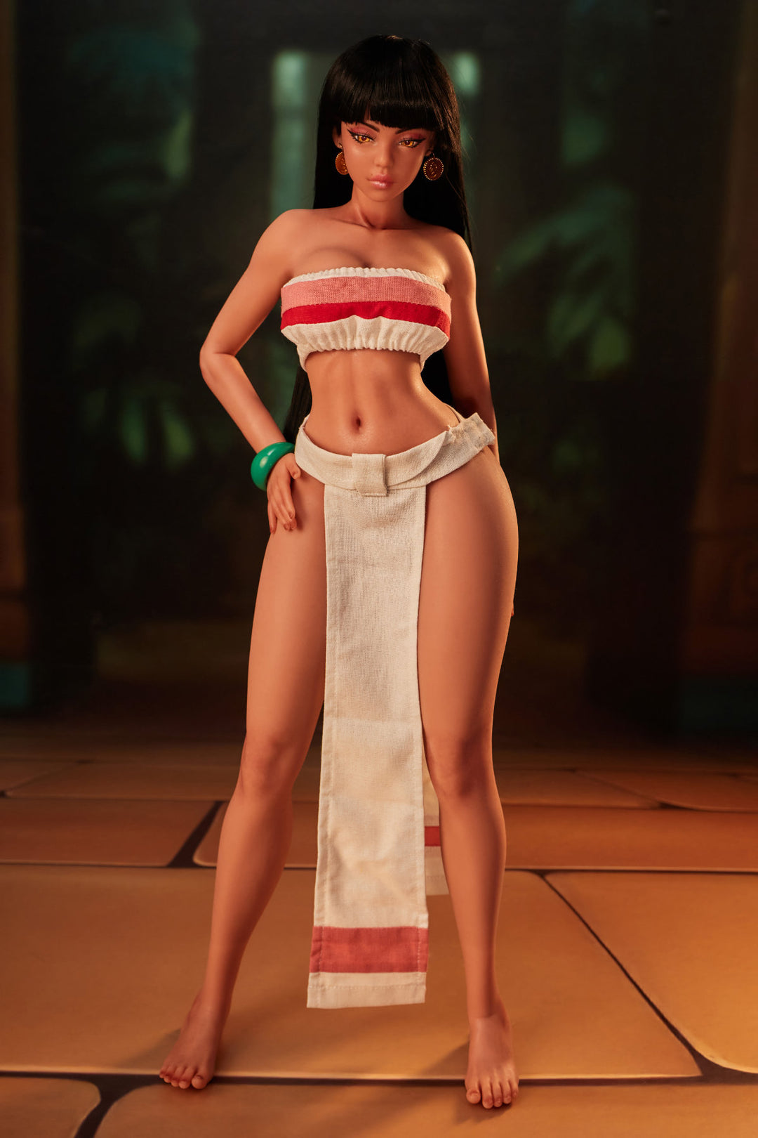 CLIMAX DOLL Mini Si70cm MO Silicone - Roxy (Black) full body front view in red and white tribal bikini top and wrap skirt, short dark hair, warm temple indoor background
