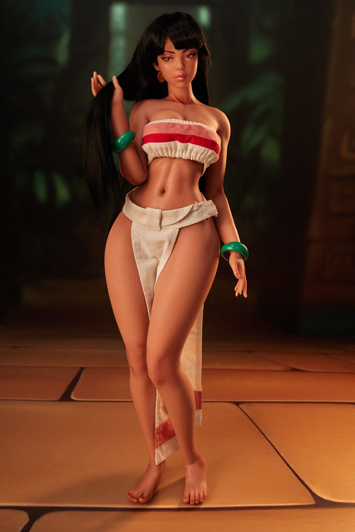 CLIMAX DOLL Mini Si70cm MO Silicone - Roxy (Black) full body side view in red and white tribal bikini top and wrap skirt, short dark hair, warm temple indoor background
