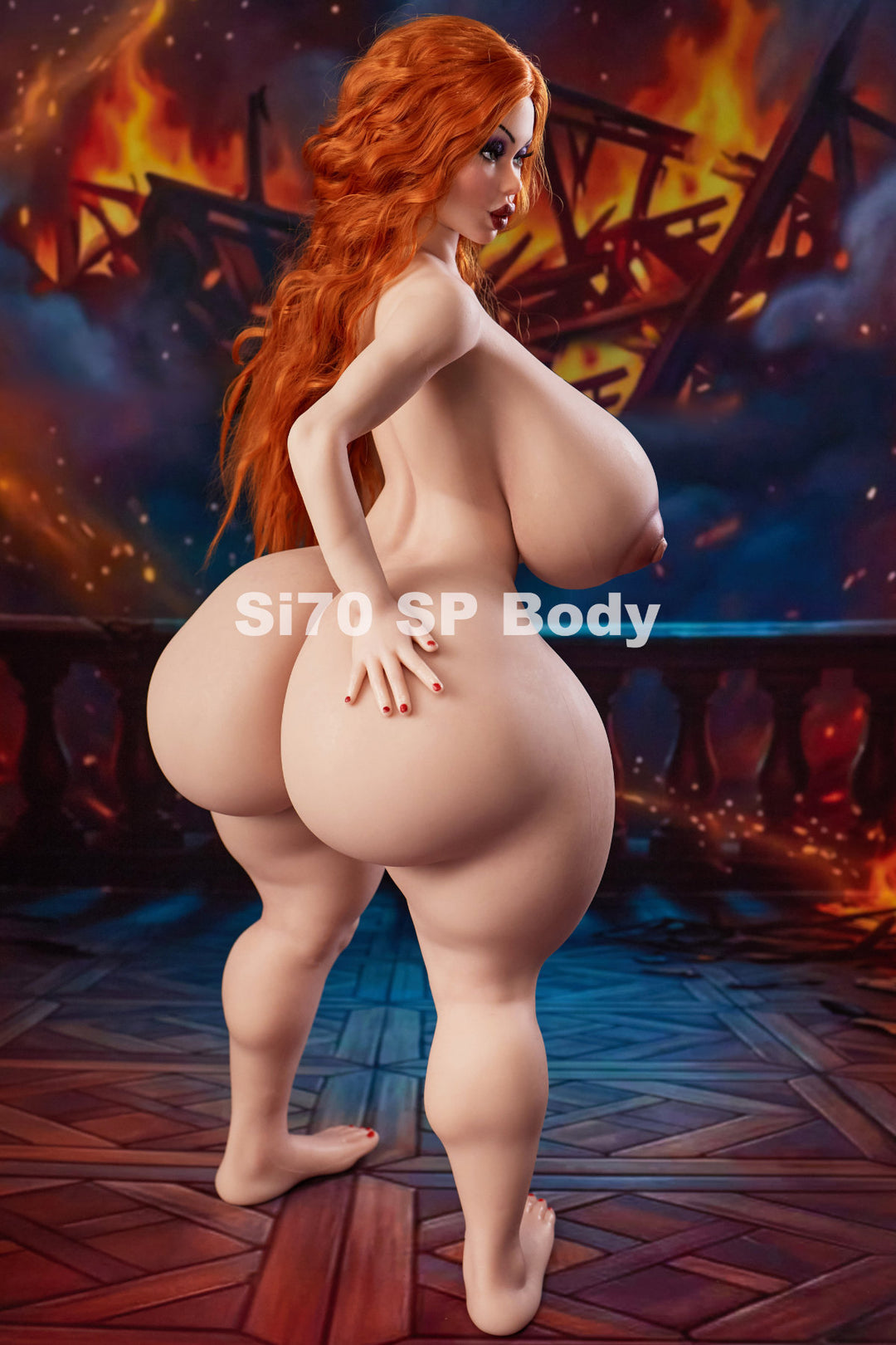 CLIMAX DOLL Mini Si70cm SP Silicone - Diana (Natural) nude kneeling back view, curvy hip and rear detail against fire backdrop