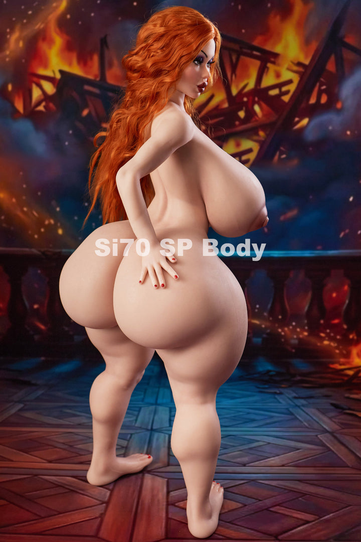 CLIMAX DOLL Mini Si70cm SP Silicone - Diana (Natural) nude kneeling back view, curvy hip and rear detail against fire backdrop