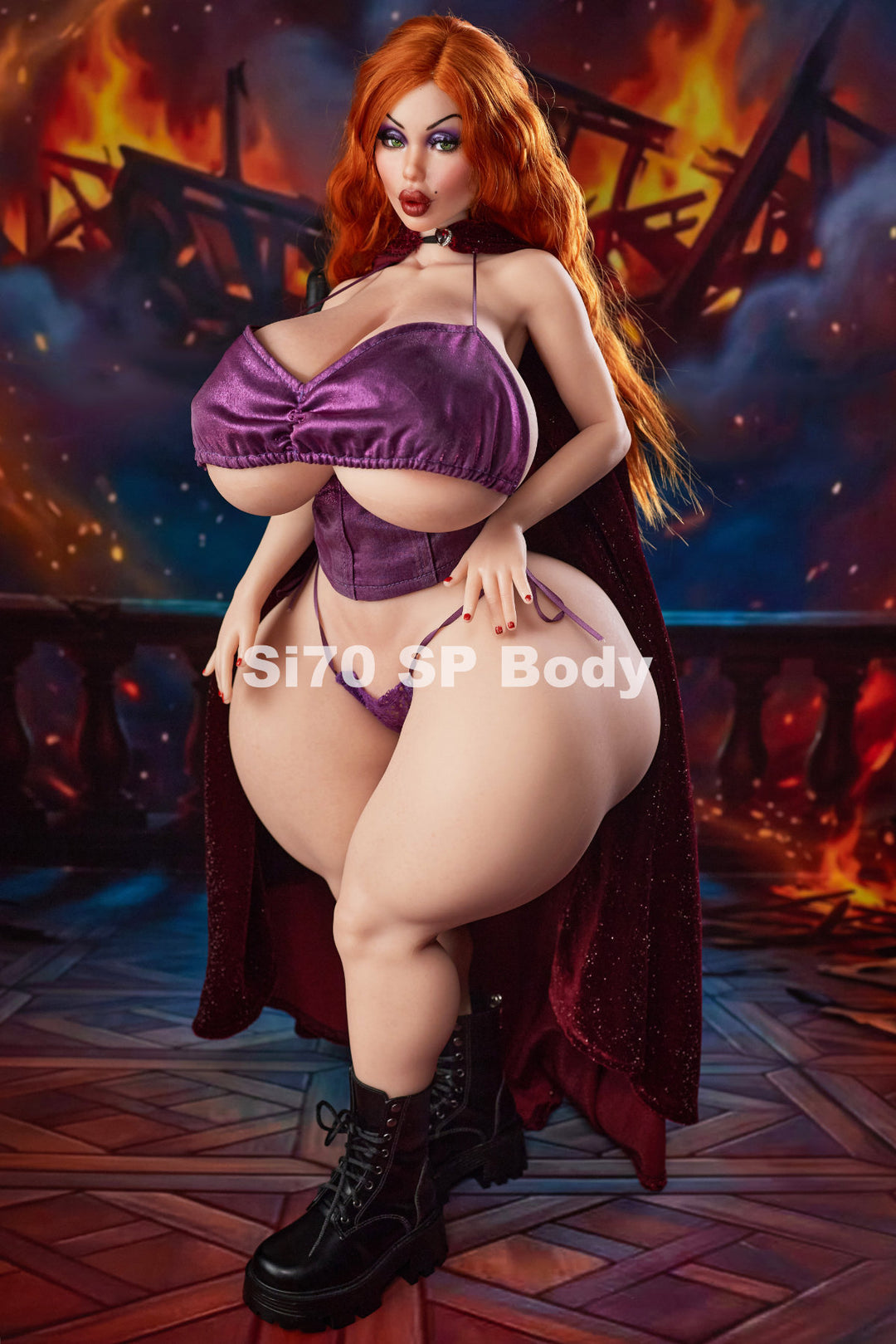 CLIMAX DOLL Mini Si70cm SP Silicone - Diana (Natural) standing front view in a purple satin bikini, full curvy silhouette against fire backdrop