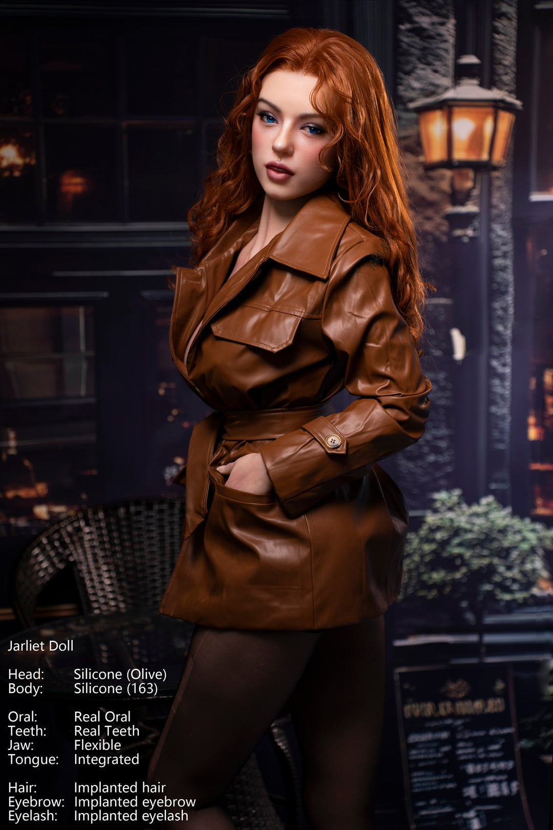 Jarliet Doll 163 cm D Silicone – Olive with long, wavy red hair, wearing a brown belted leather jacket and dark sheer tights.