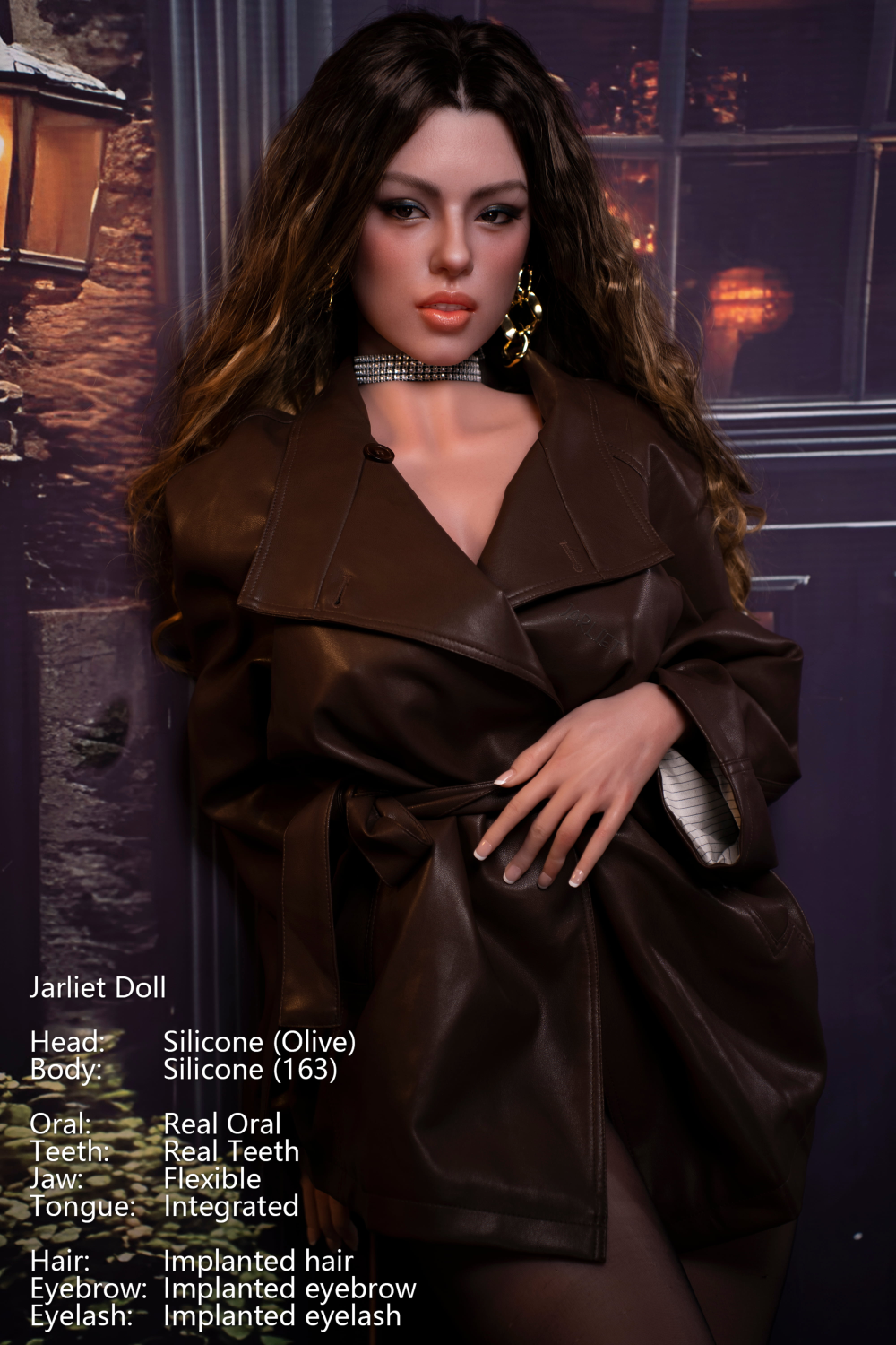 A close-up of Jarliet Doll 163 cm D Silicone - Olive V2, showcasing her facial details and auburn hair styled up, wearing gold earrings and a brown leather jacket.