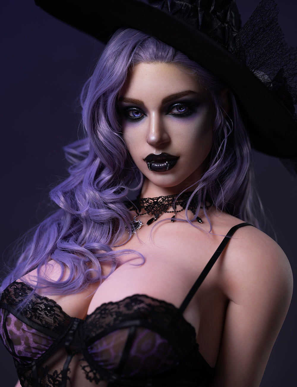 TOP-CYDOLL 176cm E-Cup Elodie doll  wearing a black lace outfit, with purple hair showing facial details.