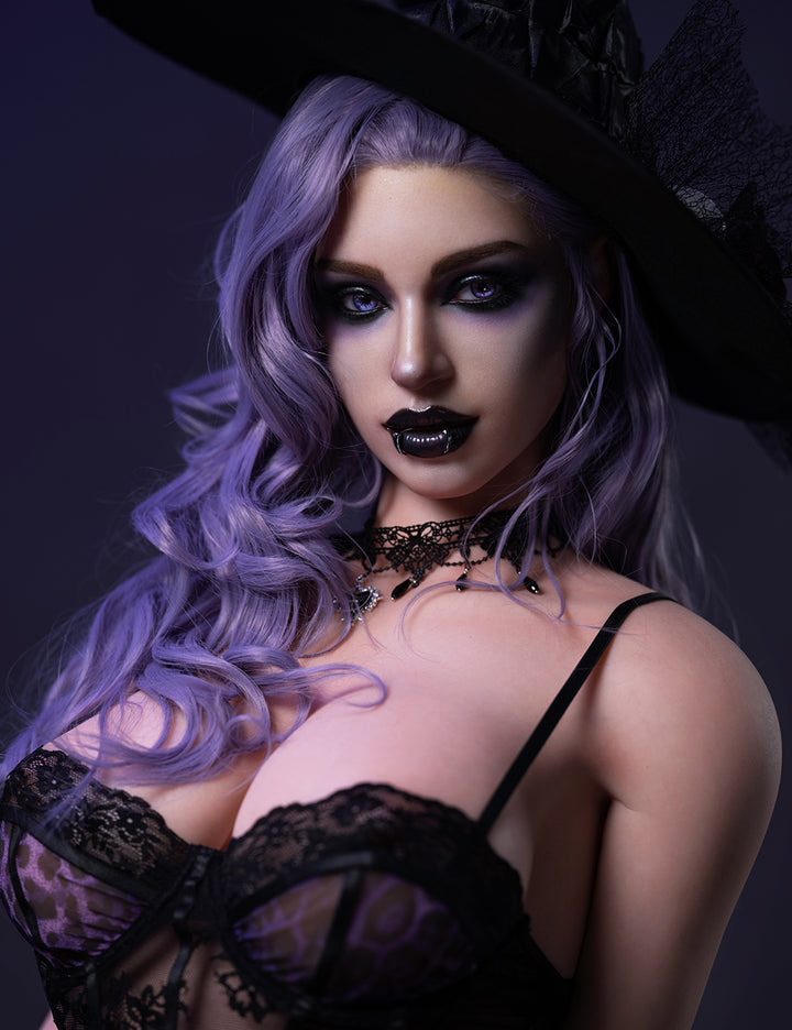 TOP-CYDOLL 176cm E-Cup Elodie doll  wearing a black lace outfit, with purple hair showing facial details.