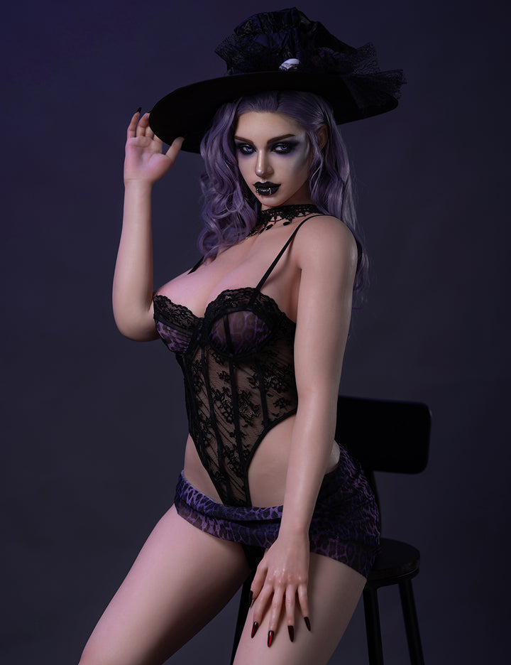 TOP-CYDOLL 176cm E-Cup Elodie doll wearing a black lingerie and hat, with purple hair, sitting in a chair showing her realistic features.