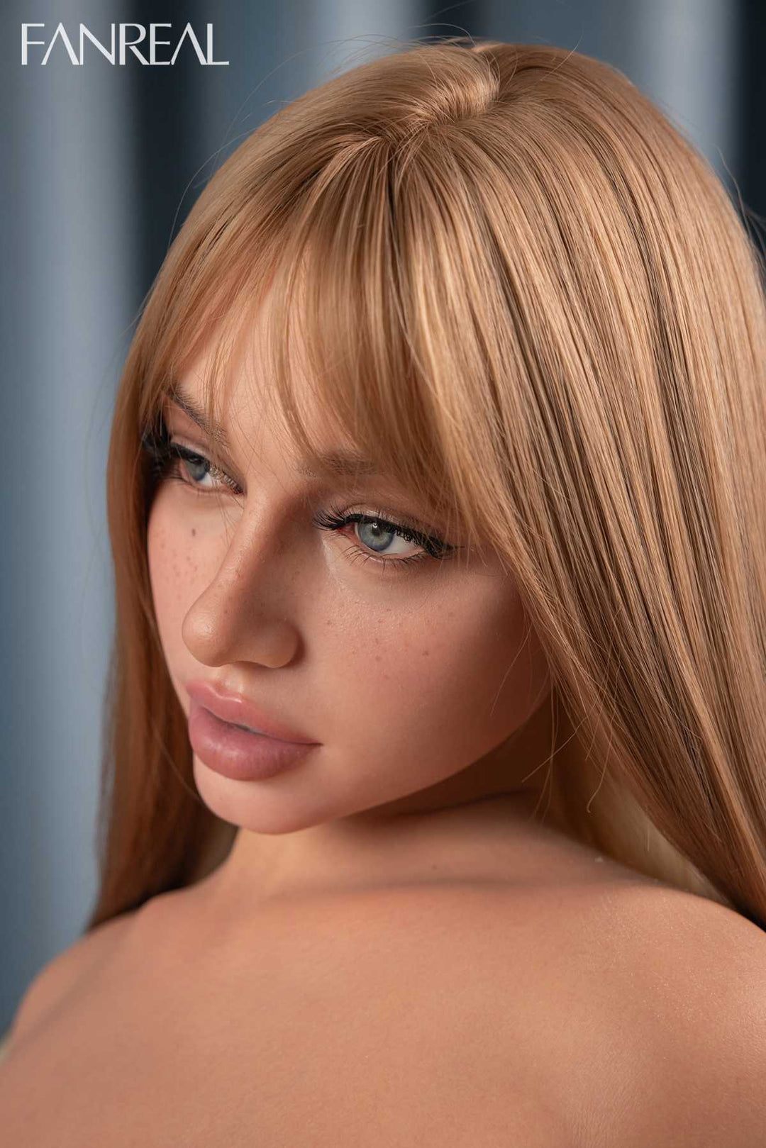 FANREAL DOLL T111 CM F Silicone Torso - Lila V4 close-up beautiful face and shoulder detail, straight bangs hairstyle, in a curtain background.