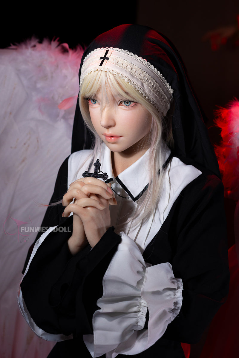 Close-up of FunWest Doll 159 cm A Silicone – Giselle in nun-style clothing with blonde hair and white lace headpiece, holding a cross.
