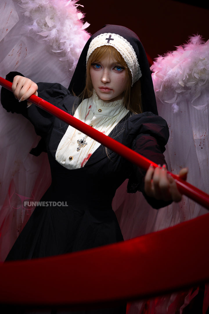 FunWest Doll 159 cm A Silicone – Bella holding a large red prop weapon, dressed in a nun-style outfit with angel wings and dramatic red lighting.