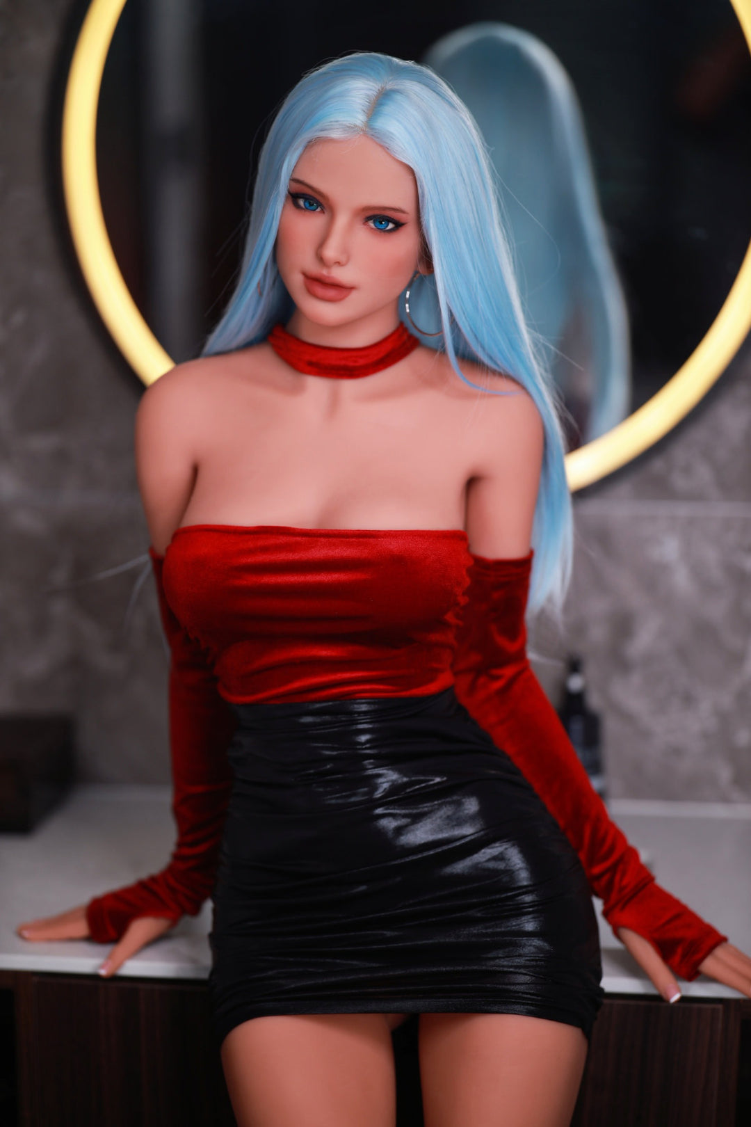 Fire Doll 166 cm C TPE - Miki full body standing pose in red off-shoulder top and black leather mini skirt, long silver-blue hair, dark studio background with gold ring light

