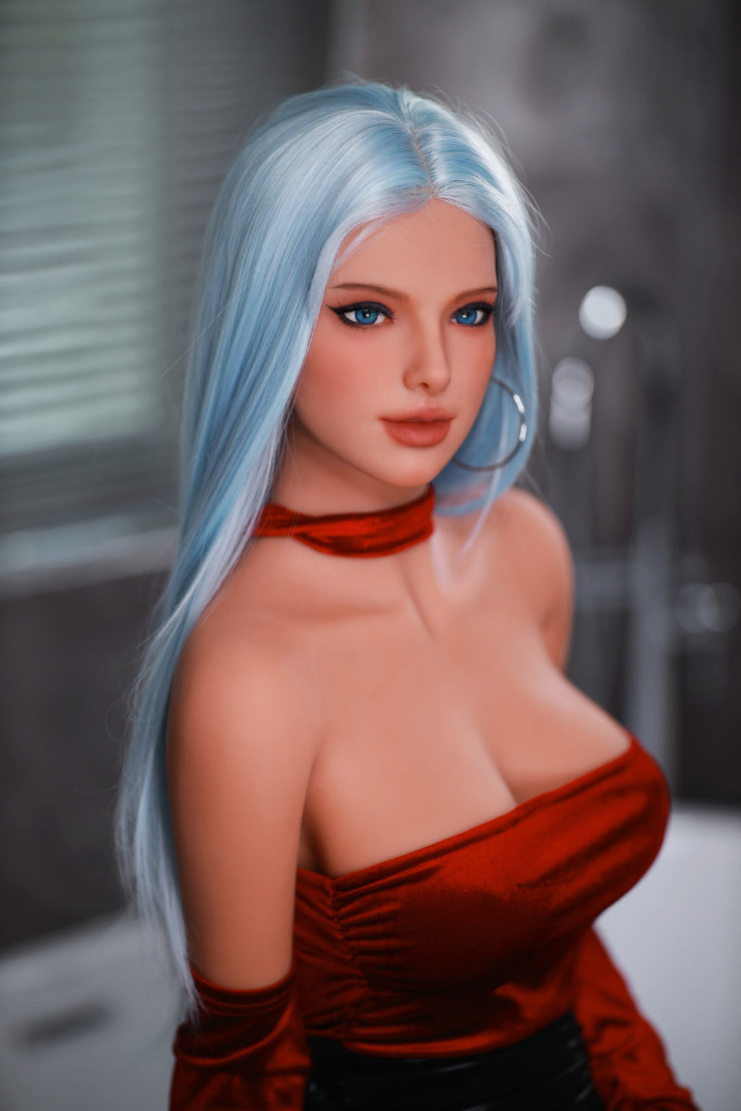 Fire Doll 166 cm C TPE - Miki three-quarter view in red off-shoulder top and black leather mini skirt, long silver-blue hair, dark studio background
