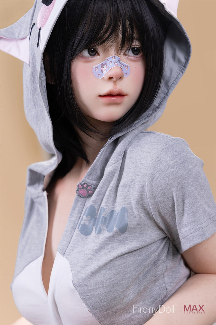 Firefly Diary Doll 151 cm A Silicone - Liuli wearing a gray hoodie with bunny ears and a white shirt underneath.