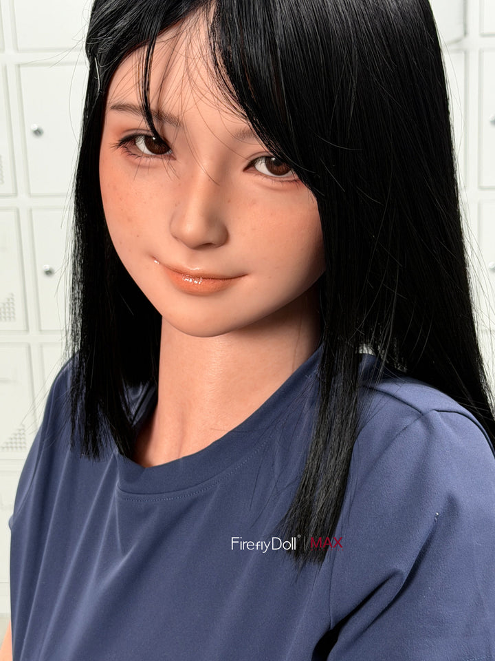Firefly Diary Doll 153 cm B Max Series Silicone - Qiandao three-quarter view in navy blue t-shirt, short dark hair with bangs, gym indoor background