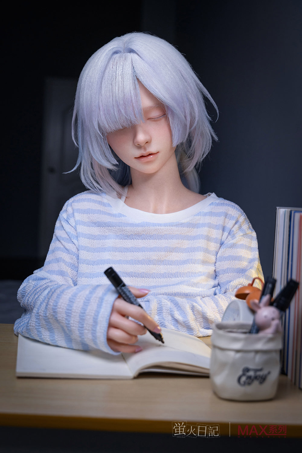 Firefly Diary Doll 153 cm A Max Series Silicone - Liuli V2 with light purple hair wearing a striped shirt, holding pens and a notebook.
