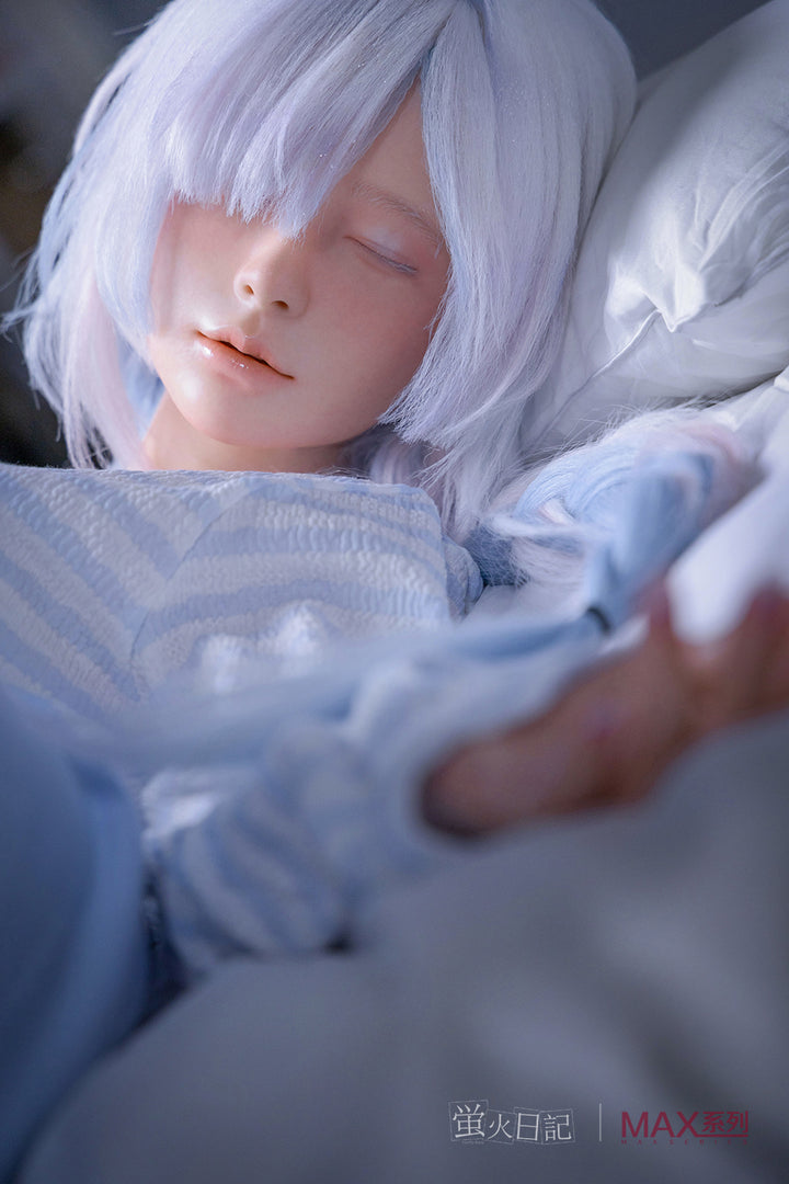 Close-up of Firefly Diary Doll 153 cm A Max Series Silicone - Liuli V2 with white hair wearing a blue outfit, holding a soft white pillow.