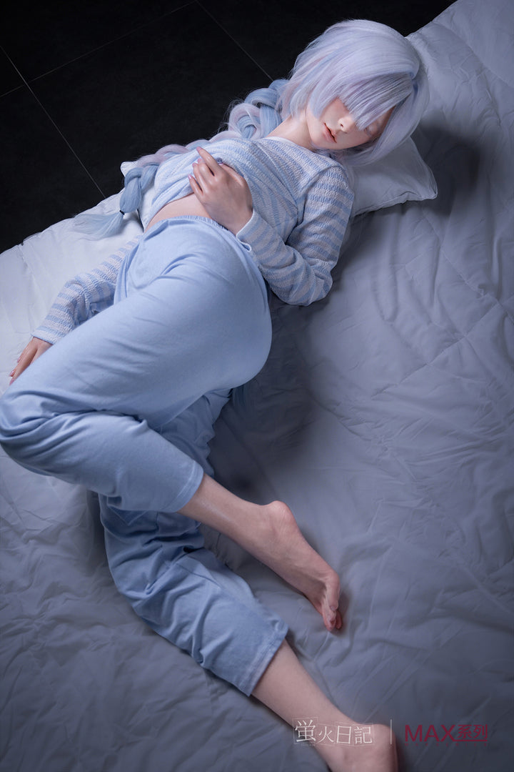 Firefly Diary Doll 153 cm A Max Series Silicone - Liuli V2 wearing a blue outfit lying on a bed with a dark background