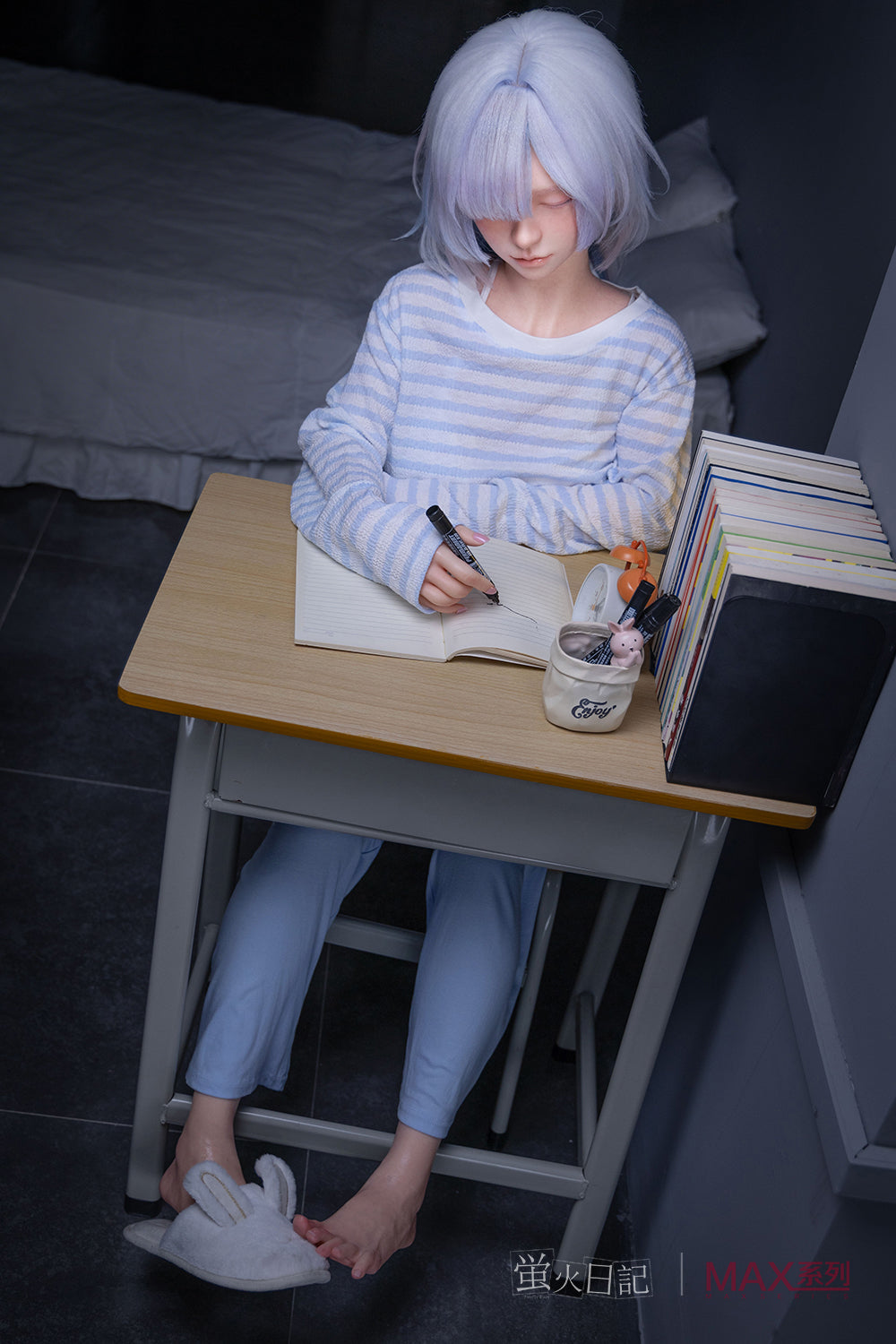 Firefly Diary Doll 153 cm A Max Series Silicone - Liuli V2 with light purple hair sitting at a desk with books and a notebook.