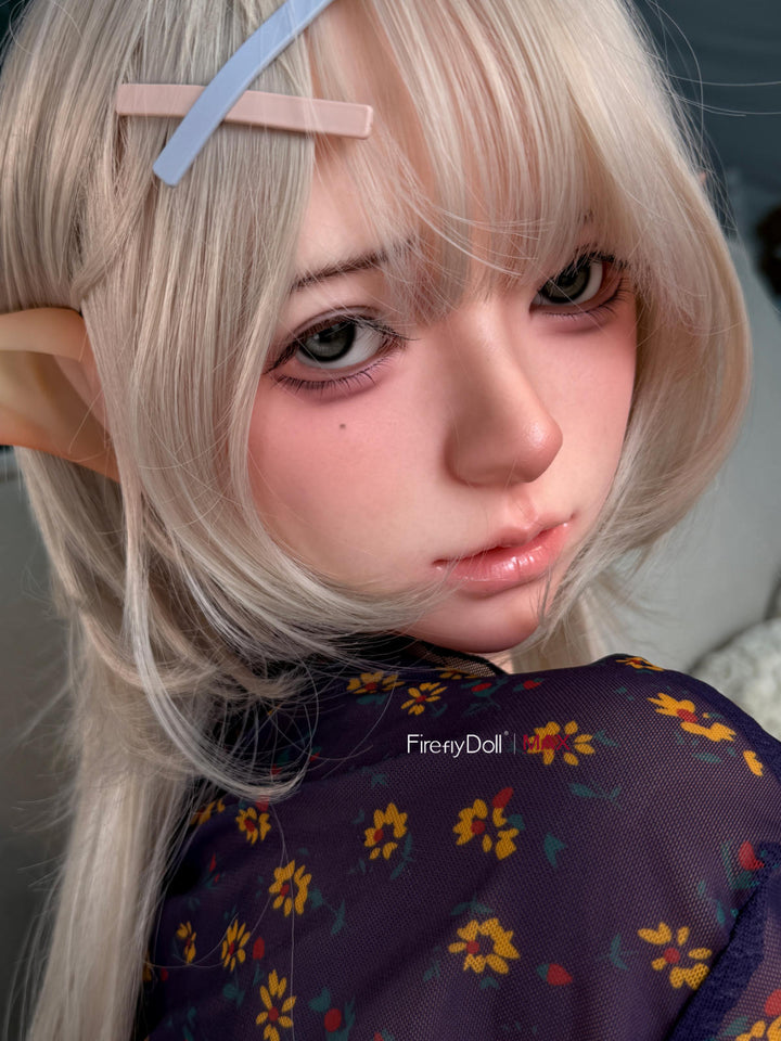 Firefly Diary Doll 158 cm F Max Series Silicone - Liuli close-up portrait with silver hair falling forward, eyes downcast in a soft, contemplative expression