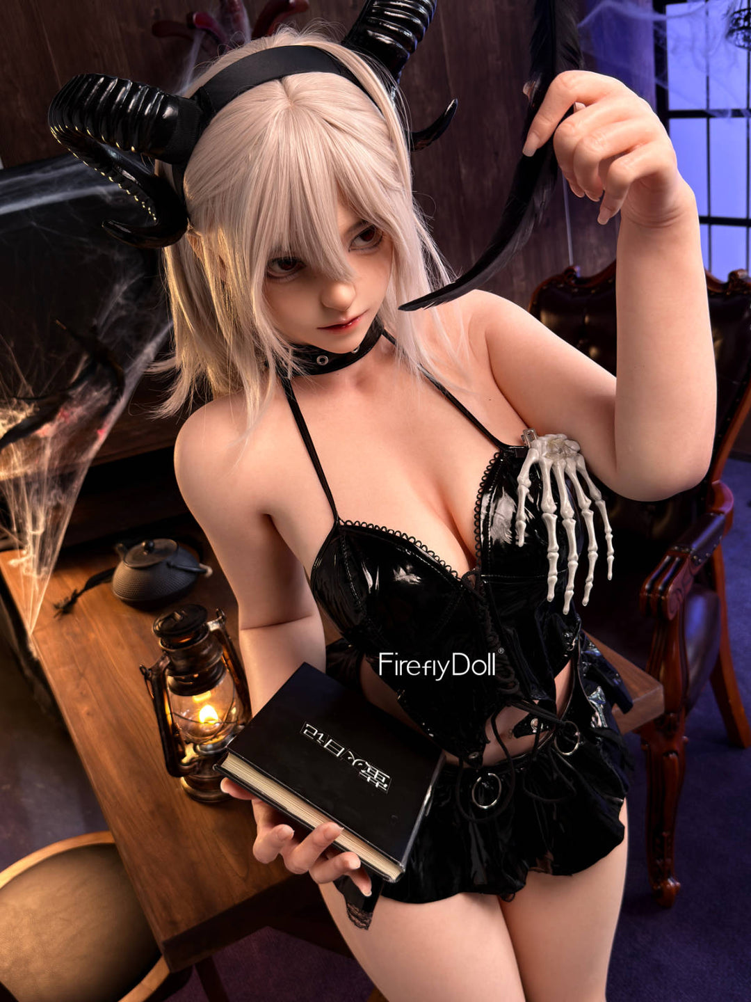 Firefly Diary Doll 159 cm Silicone - Caicaizi – seated in a black latex bodysuit and choker, horns framing her face against warm wood panelling