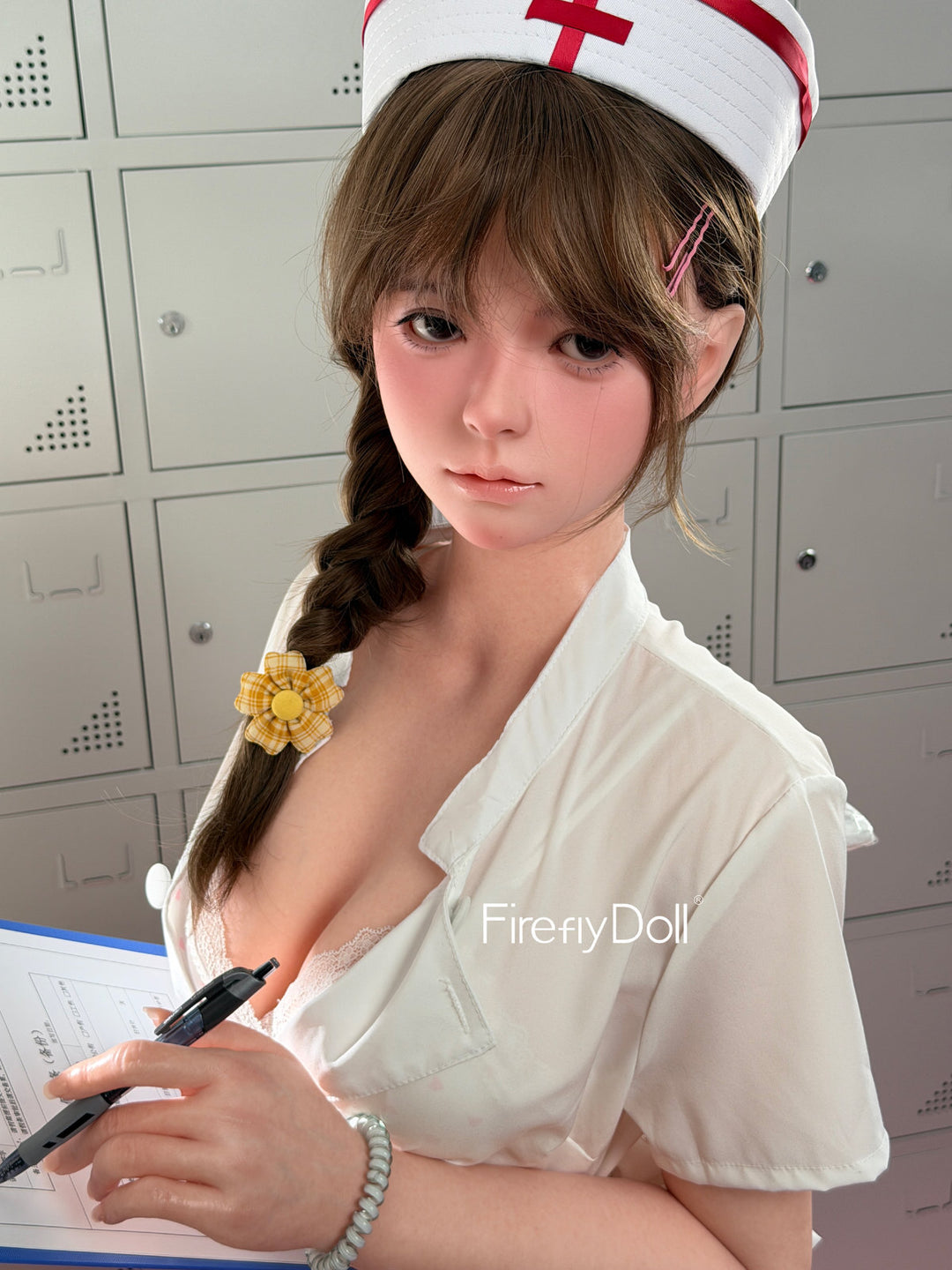 Firefly Diary Doll 159 cm Silicone - Liu Li V4 close-up portrait in a red-and-white nurse cap, white uniform dress unbuttoned to reveal her cleavage, braided brown hair, locker room background