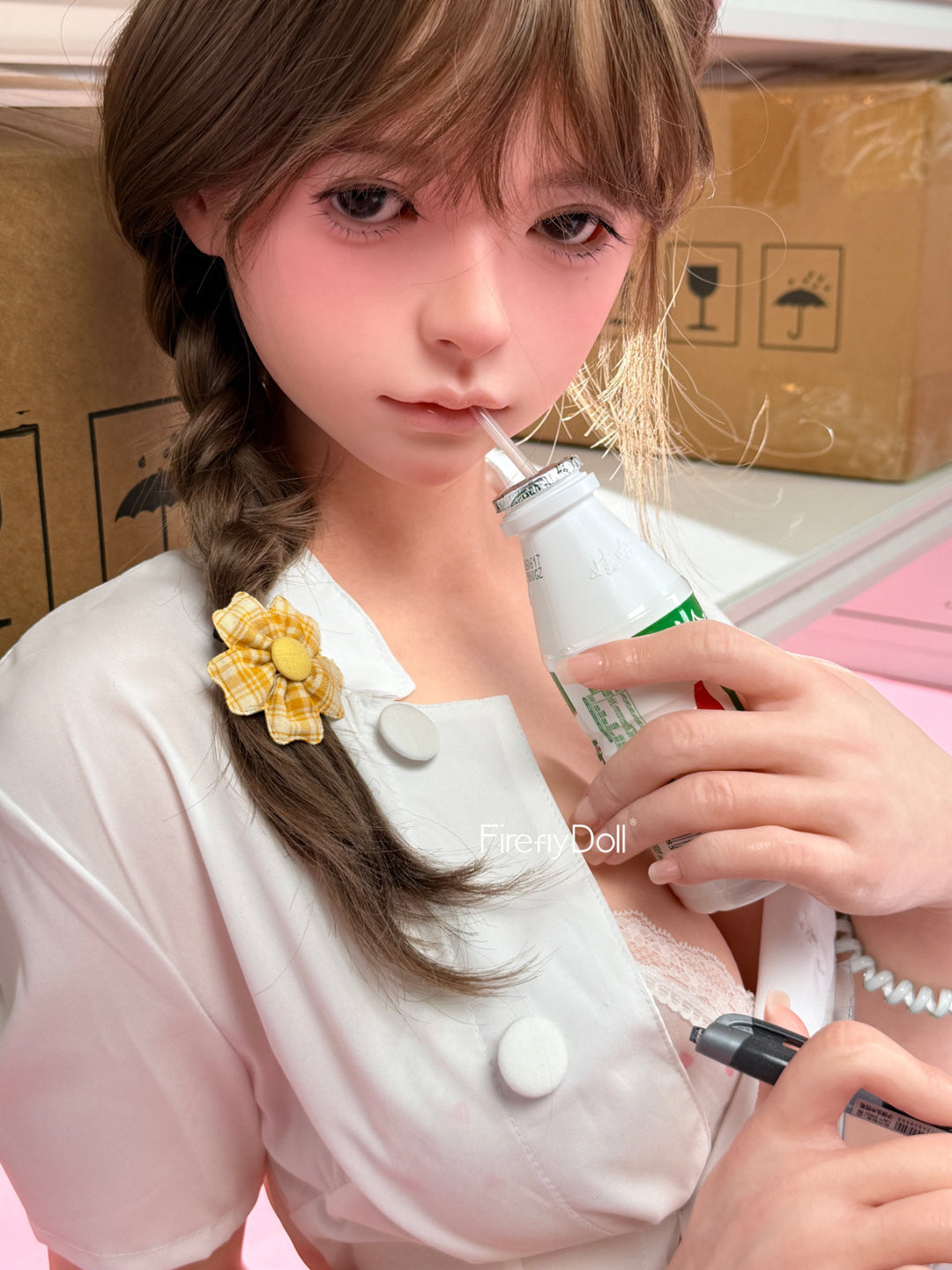Firefly Diary Doll 159 cm Silicone - Liu Li V4 standing in her nurse uniform holding a small medical prop, cap and braided hair in place