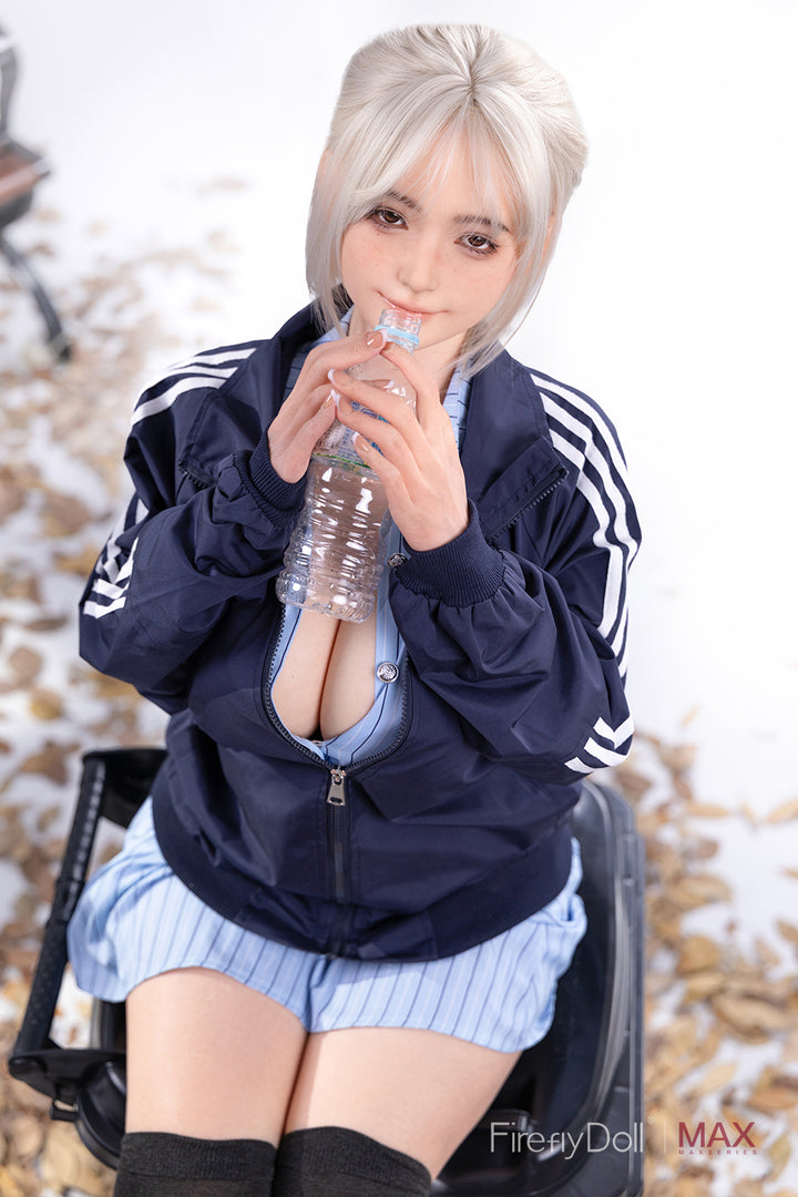 Firefly Diary Doll 160 cm Max Series Silicone - Qiandao V4 wearing a navy tracksuit with white stripes, sitting outdoors.