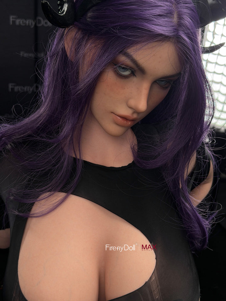 Firefly Diary Doll 164 cm I-cup Max Series Silicone - Mary close-up portrait, long purple wavy hair falling over one shoulder, black cutout top revealing décolletage, moody interior lit by window light