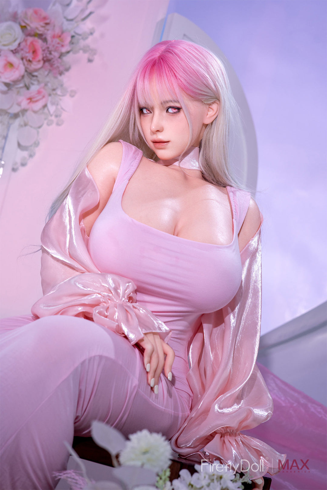 Firefly Diary Doll 164 CM I-Cup Max Series Silicone - Yelan upper body front view in pink dress, highlighting realistic I-cup silicone chest detail against soft bright pink themed indoor background