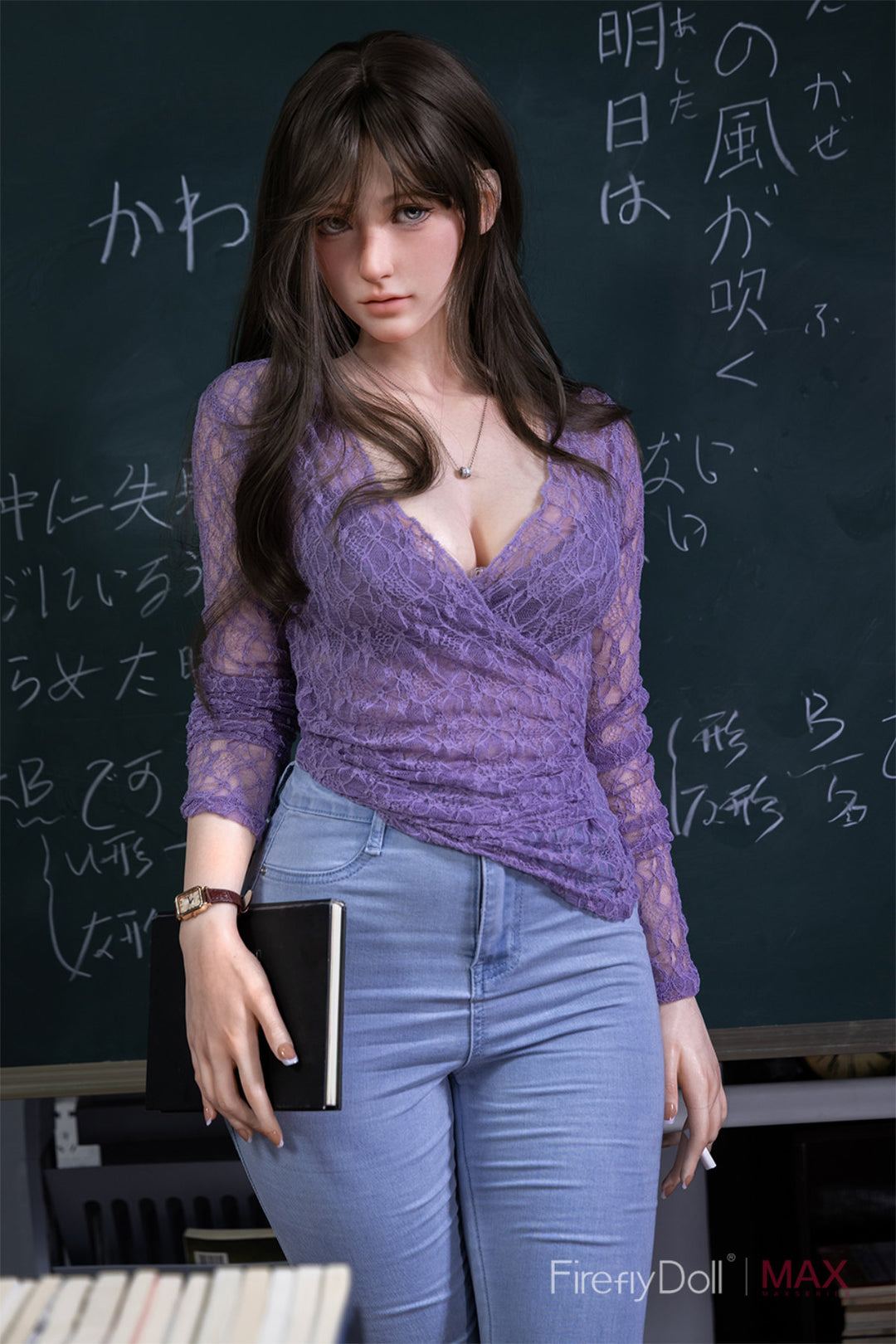 Firefly Diary Doll 165 cm B Max Series Silicone - Haruko three-quarter view in purple lace top and blue jeans, long dark brown hair with bangs, dark classroom background