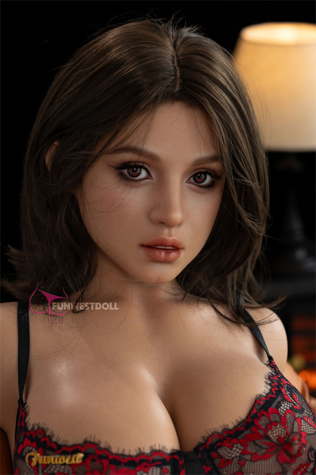 Close-up of FunWest Doll 103 cm G FWT Series Silicone Torso - Lyra wearing a red lace garment with a bedroom background