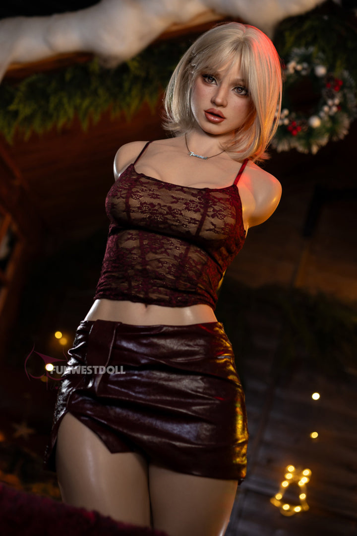 FunWest Doll 113 cm D FWT Series Silicone Torso - Lyra V2 full body side view in red lace crop top and burgundy mini skirt, short blonde bob hair, festive Christmas background

