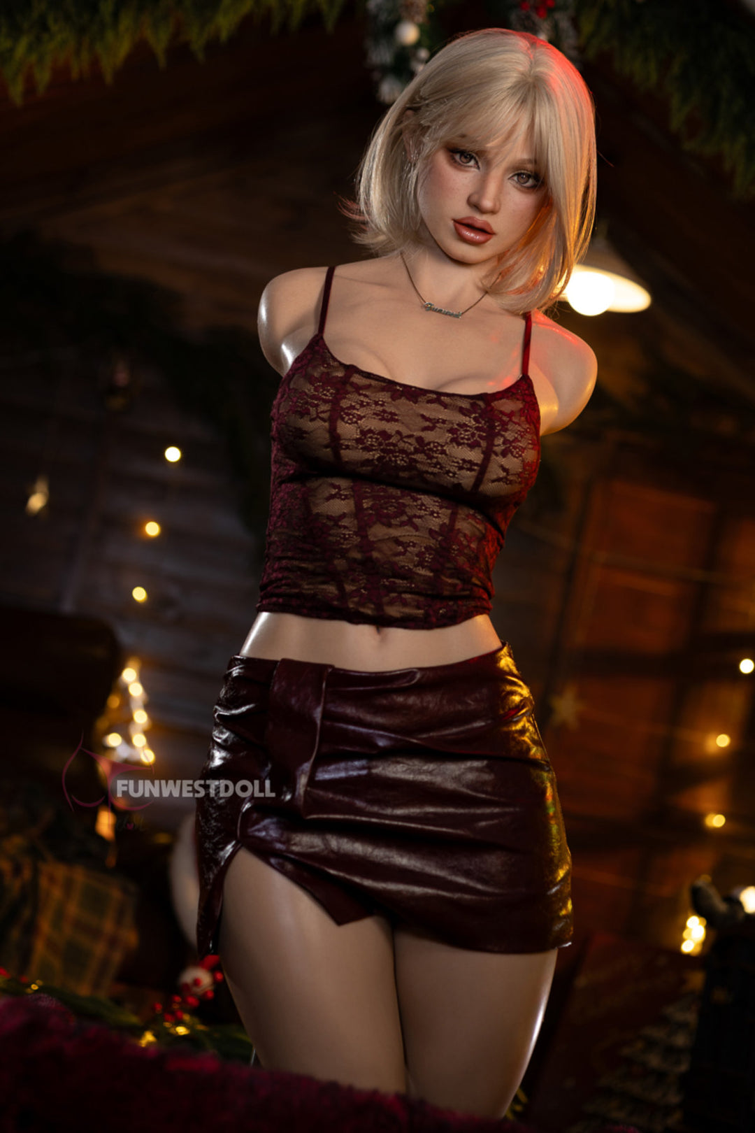 FunWest Doll 113 cm D FWT Series Silicone Torso - Lyra V2 full body standing pose in red lace crop top and burgundy mini skirt, short blonde bob hair, festive Christmas background
