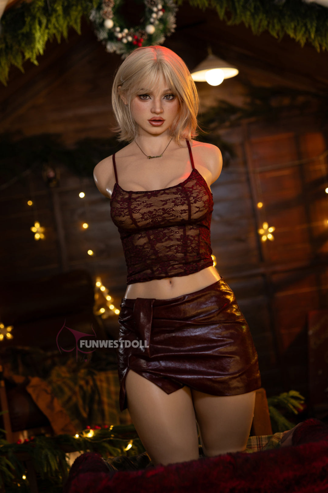 FunWest Doll 113 cm D FWT Series Silicone Torso - Lyra V2 upper body nude close-up, short blonde bob hair, festive Christmas background
