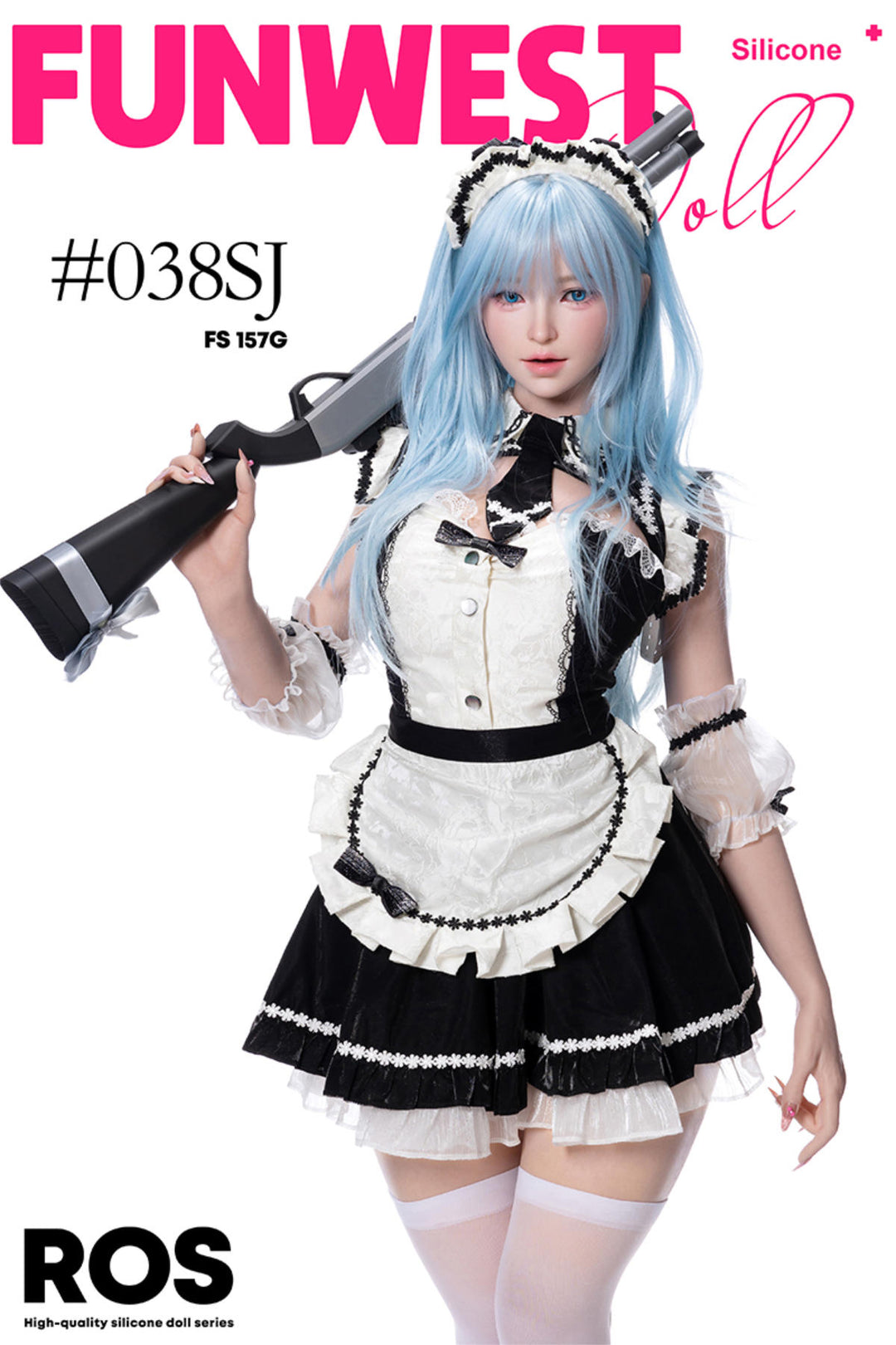 FunWest Doll 157 cm G Silicone - White Alice (Real Skin Texture) in a maid outfit with blue hair while holding a rifle.