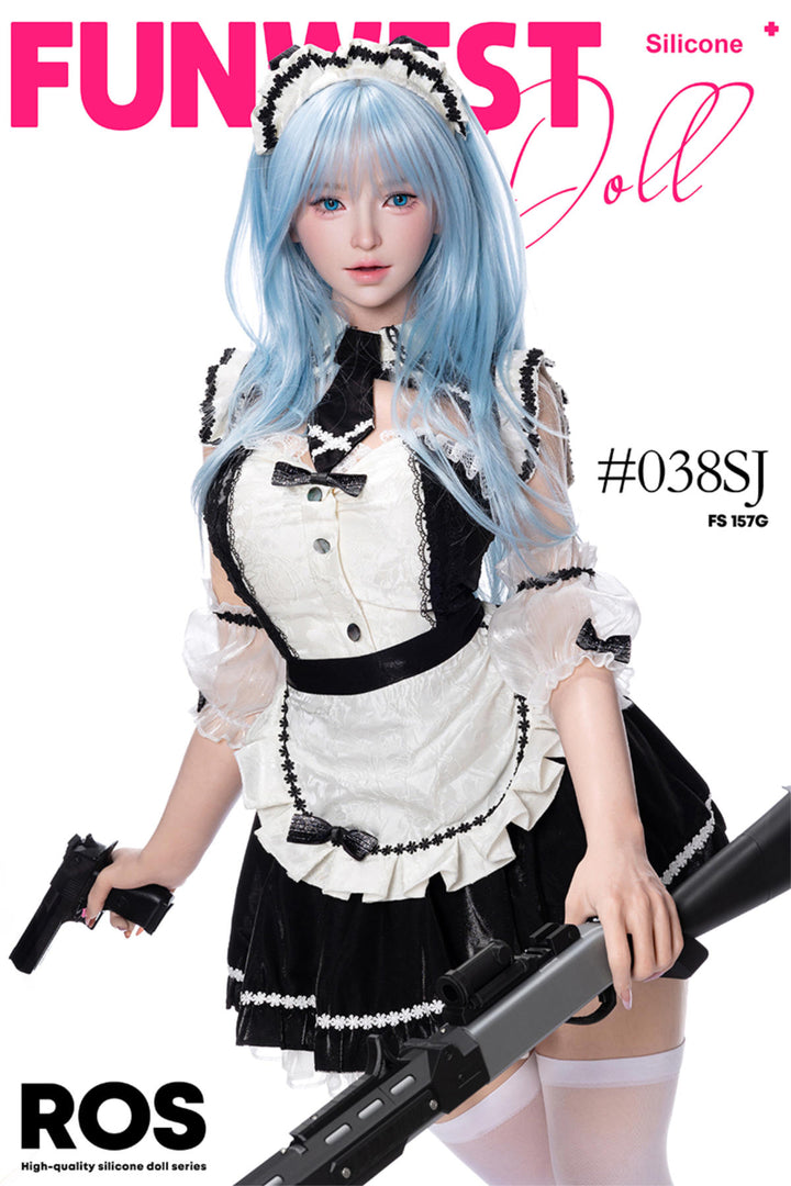 FunWest Doll 157 cm G Silicone - White Alice (Real Skin Texture) in a maid outfit with blue hair and a gun.
