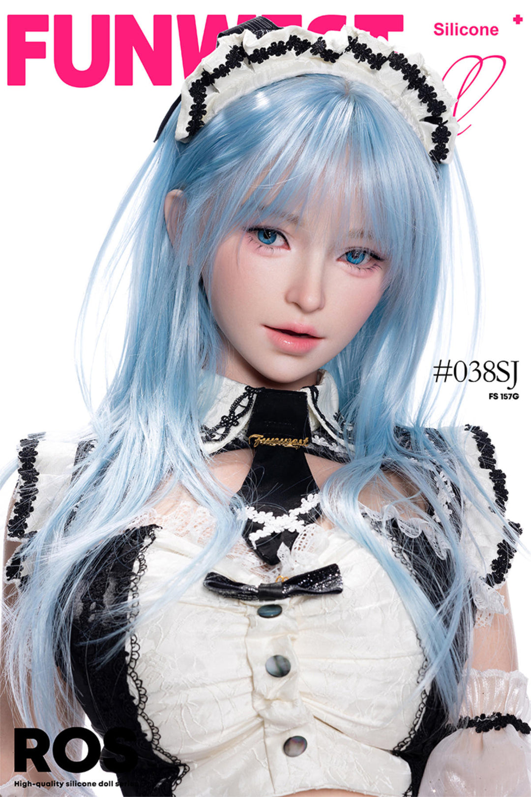 FunWest Doll 157 cm G Silicone - White Alice (Real Skin Texture) with blue hair and white maid outfit.