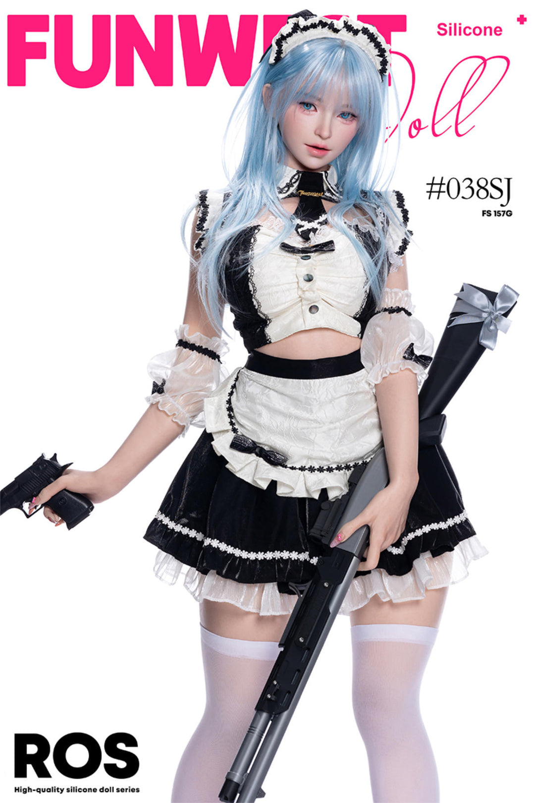 FunWest Doll 157 cm G Silicone - White Alice (Real Skin Texture) wearing a maid outfit with blue hair and holding weapons.